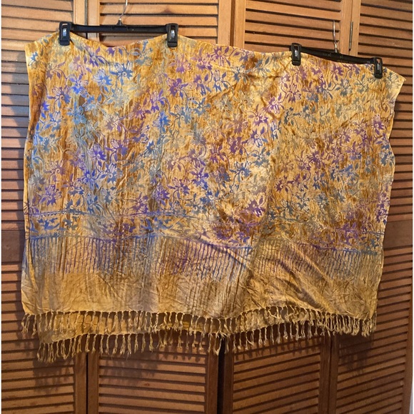 Colorful Gold and Rustic Fringe Shawl/Wrap with Purple and Blue Graphic Designs - Picture 2 of 9